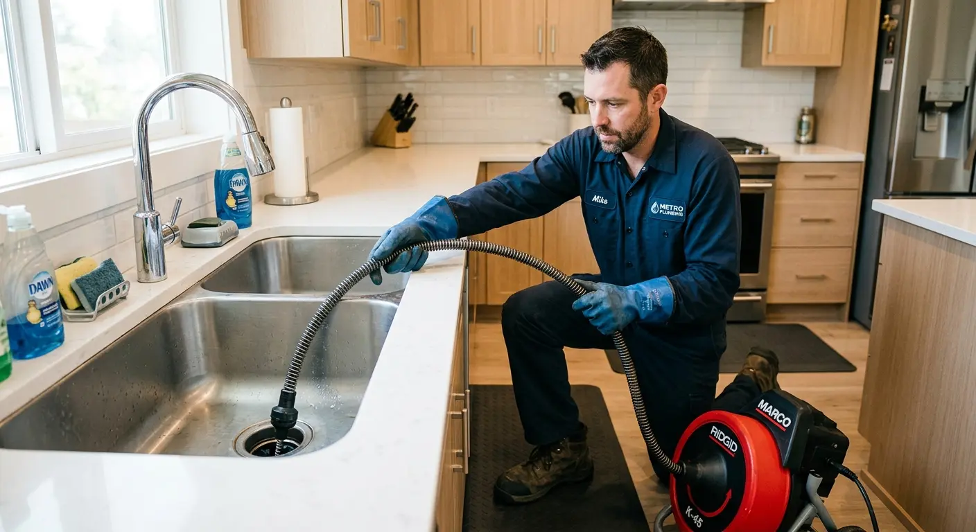 Drain cleaning technician using a motorized snake on a kitchen sink in Waipahu