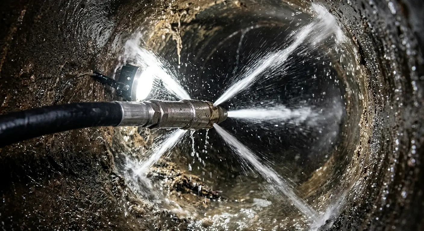 High-pressure hydro jetting nozzle cleaning sewer pipe for Emergency Drain Service in Waipahu