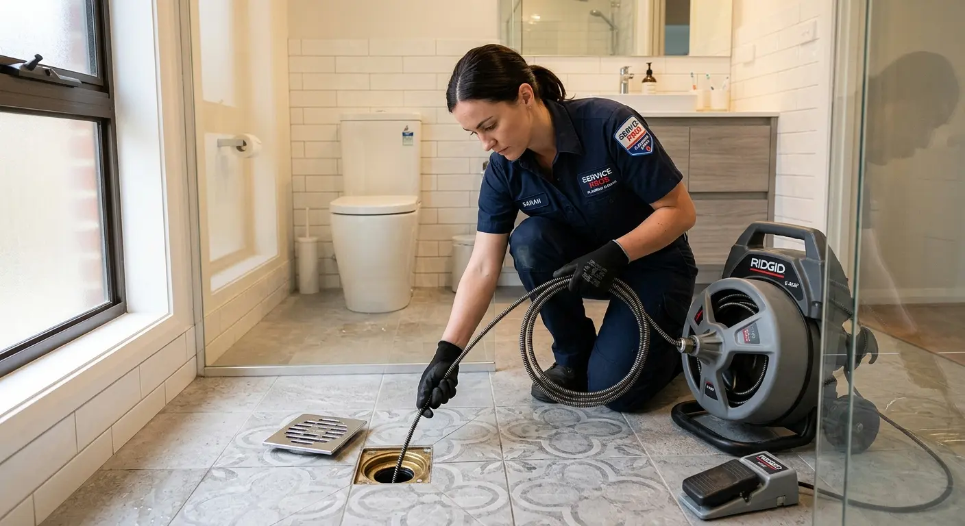 Technician clearing a bathroom floor drain for Sewer Line Replacement in Waipahu